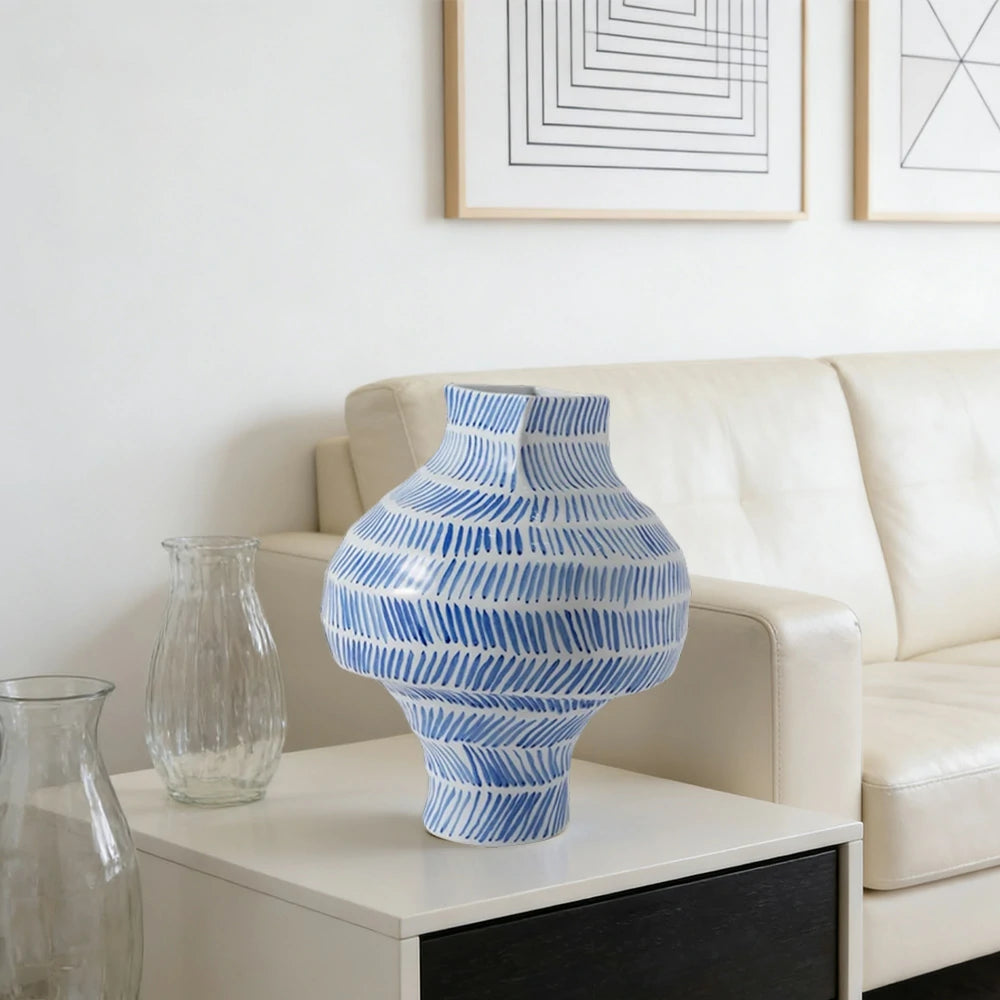 LIVARA Ceramic Vase Ornament Vintage Blue-and-White Aesthetic Decorative Display Matte Ceramic Handcrafted Textured Finish