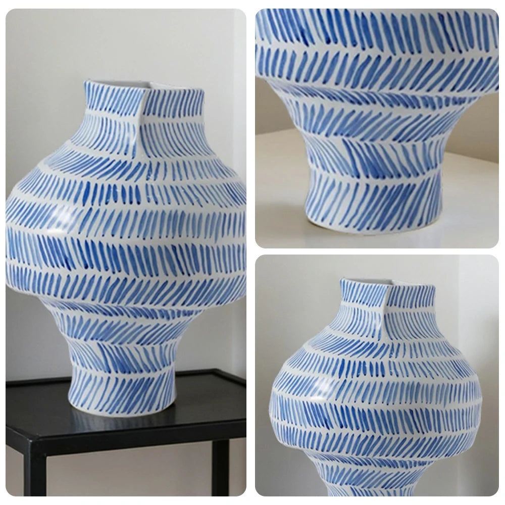 LIVARA Ceramic Vase Ornament Vintage Blue-and-White Aesthetic Decorative Display Matte Ceramic Handcrafted Textured Finish