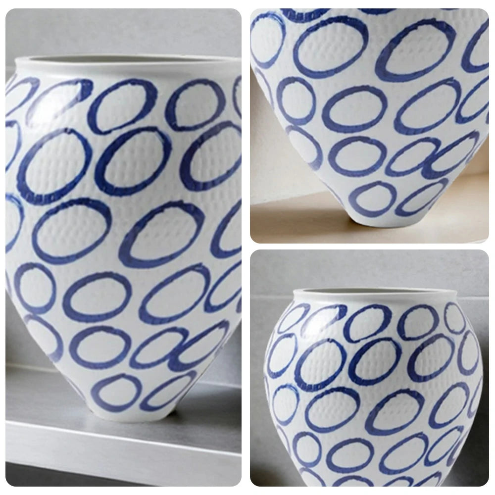 LIVARA Ceramic Vase Ornament Retro Blue & White Style Artistic Home Decor Matte Ceramic Handcrafted Stone-Texture Design
