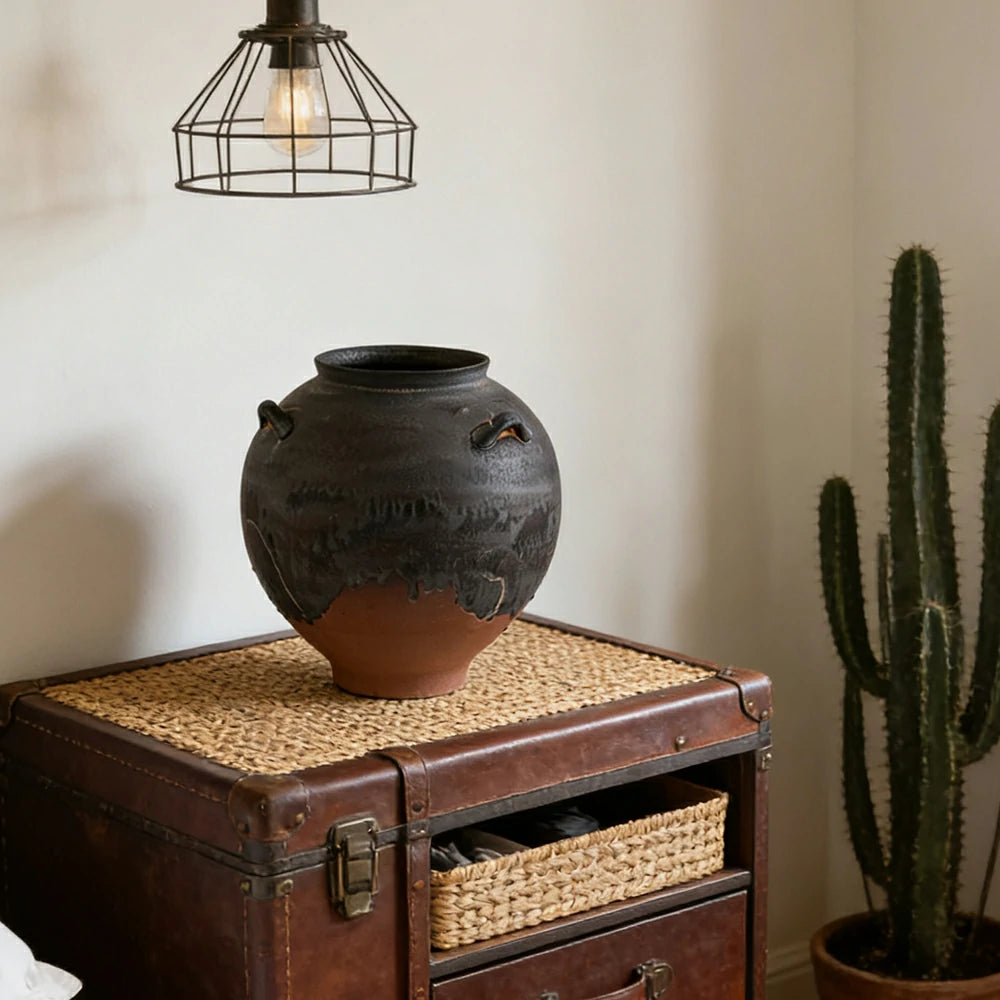 LIVARA Ceramic Vase Ornament Japanese Retro Black Tone Decorative Display Matte Ceramic Handcrafted Textured Finish