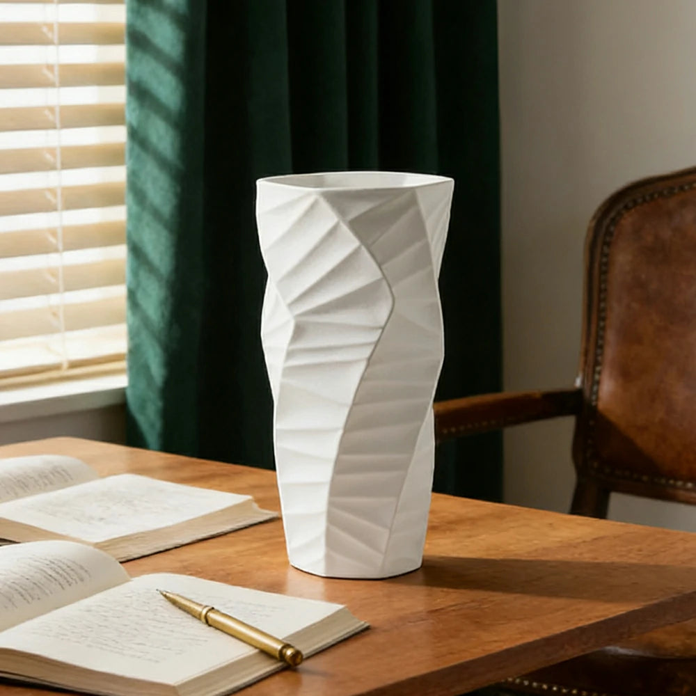 LIVARA Ceramic Vase Ornament Contemporary Minimal Design Artistic Home Display Matte Ceramic Handcrafted Stone-Texture Design - White