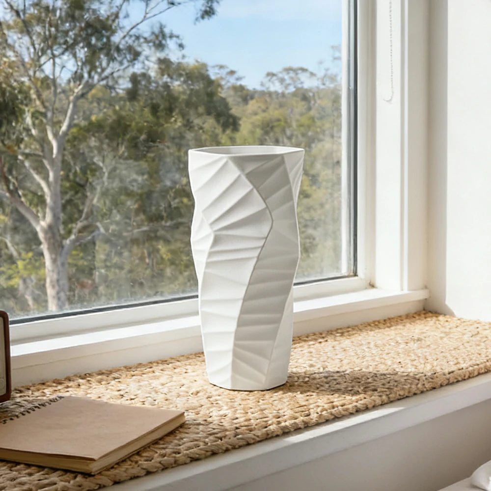 LIVARA Ceramic Vase Ornament Contemporary Minimal Design Artistic Home Display Matte Ceramic Handcrafted Stone-Texture Design - White