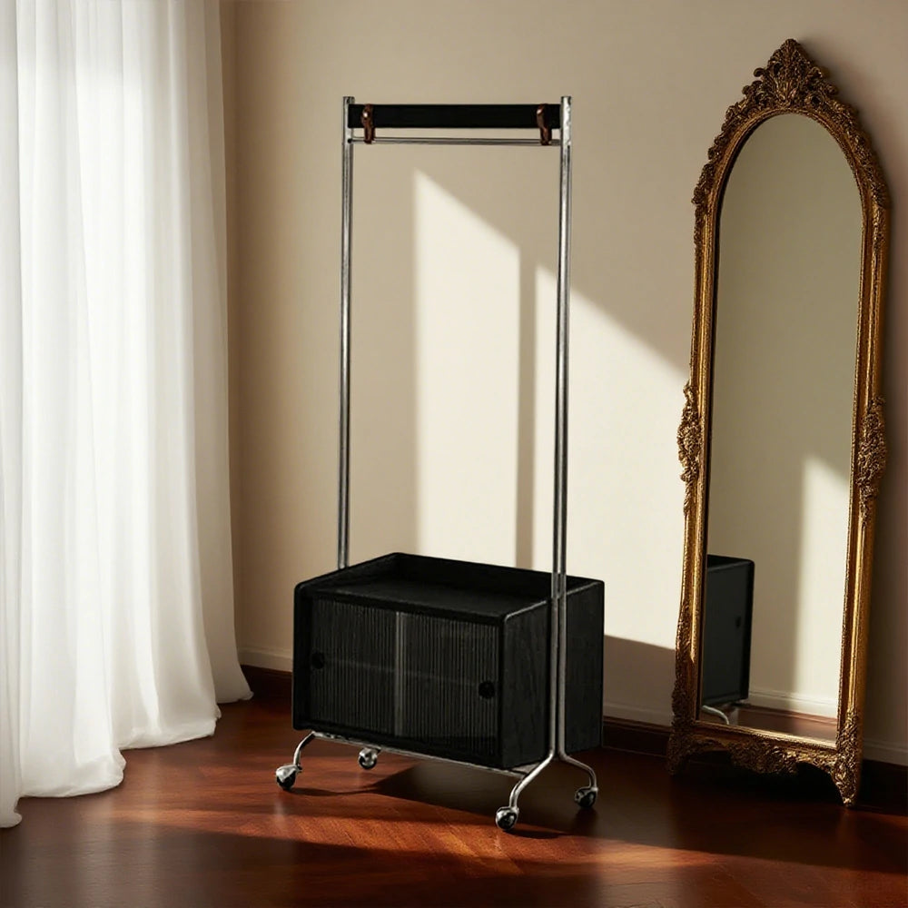 LIVARA 1121 Freestanding Clothes Rack, Multi-Functional Storage & Clothing Stand, Solid Wood & Stainless Steel, Glass Door & Swivel Casters - Black