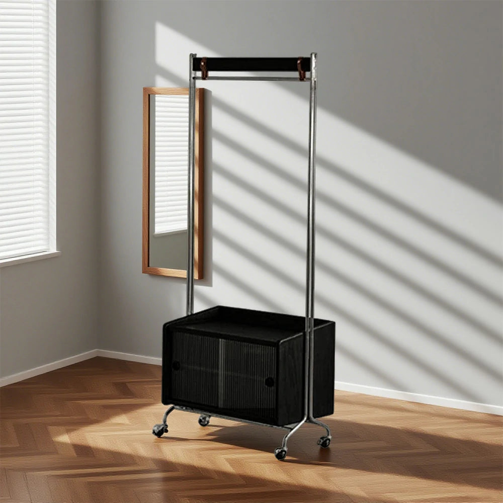 LIVARA 1121 Freestanding Clothes Rack, Multi-Functional Storage & Clothing Stand, Solid Wood & Stainless Steel, Glass Door & Swivel Casters - Black