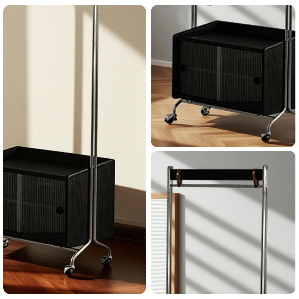 LIVARA 1121 Freestanding Clothes Rack, Multi-Functional Storage & Clothing Stand, Solid Wood & Stainless Steel, Glass Door & Swivel Casters - Black