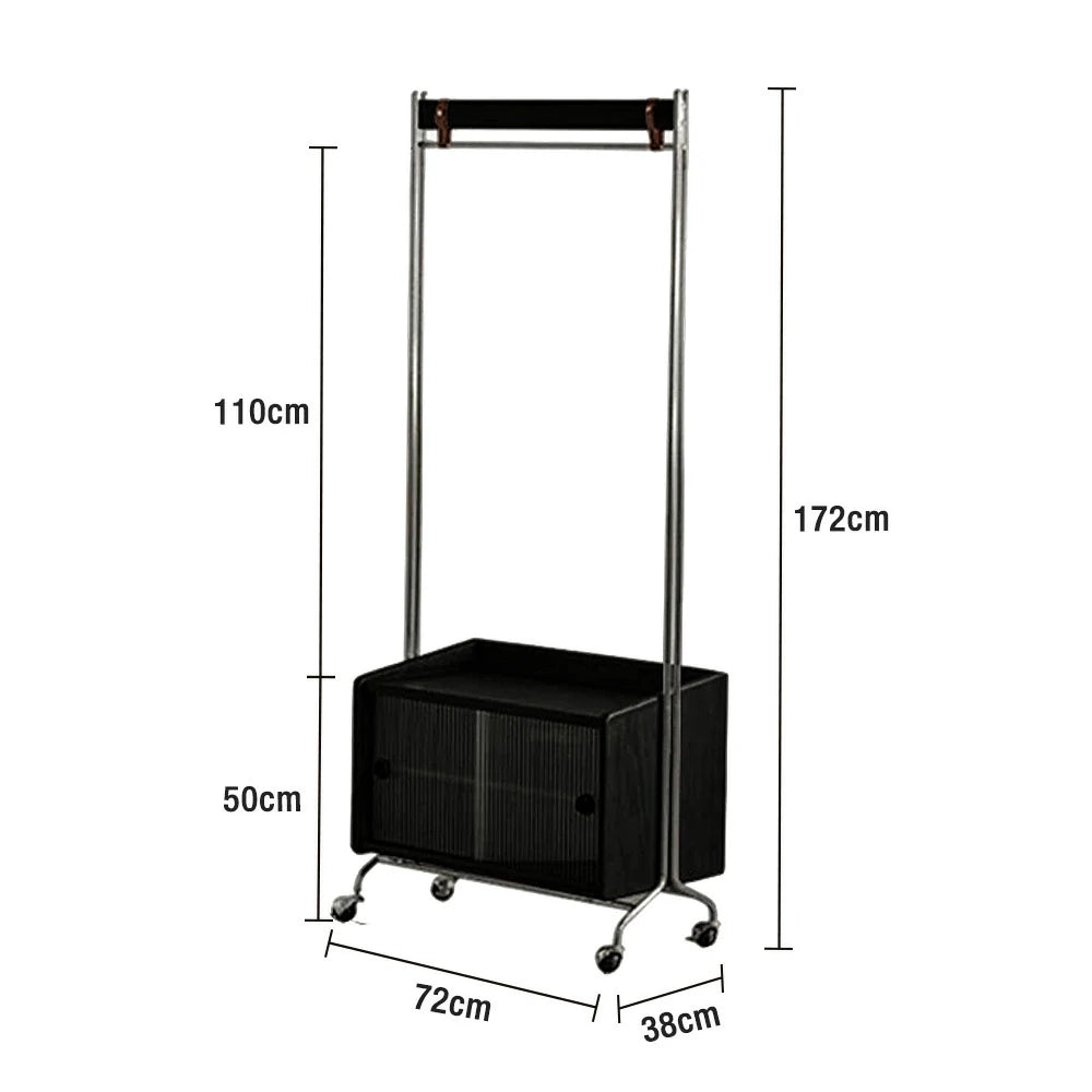 LIVARA 1121 Freestanding Clothes Rack, Multi-Functional Storage & Clothing Stand, Solid Wood & Stainless Steel, Glass Door & Swivel Casters - Black