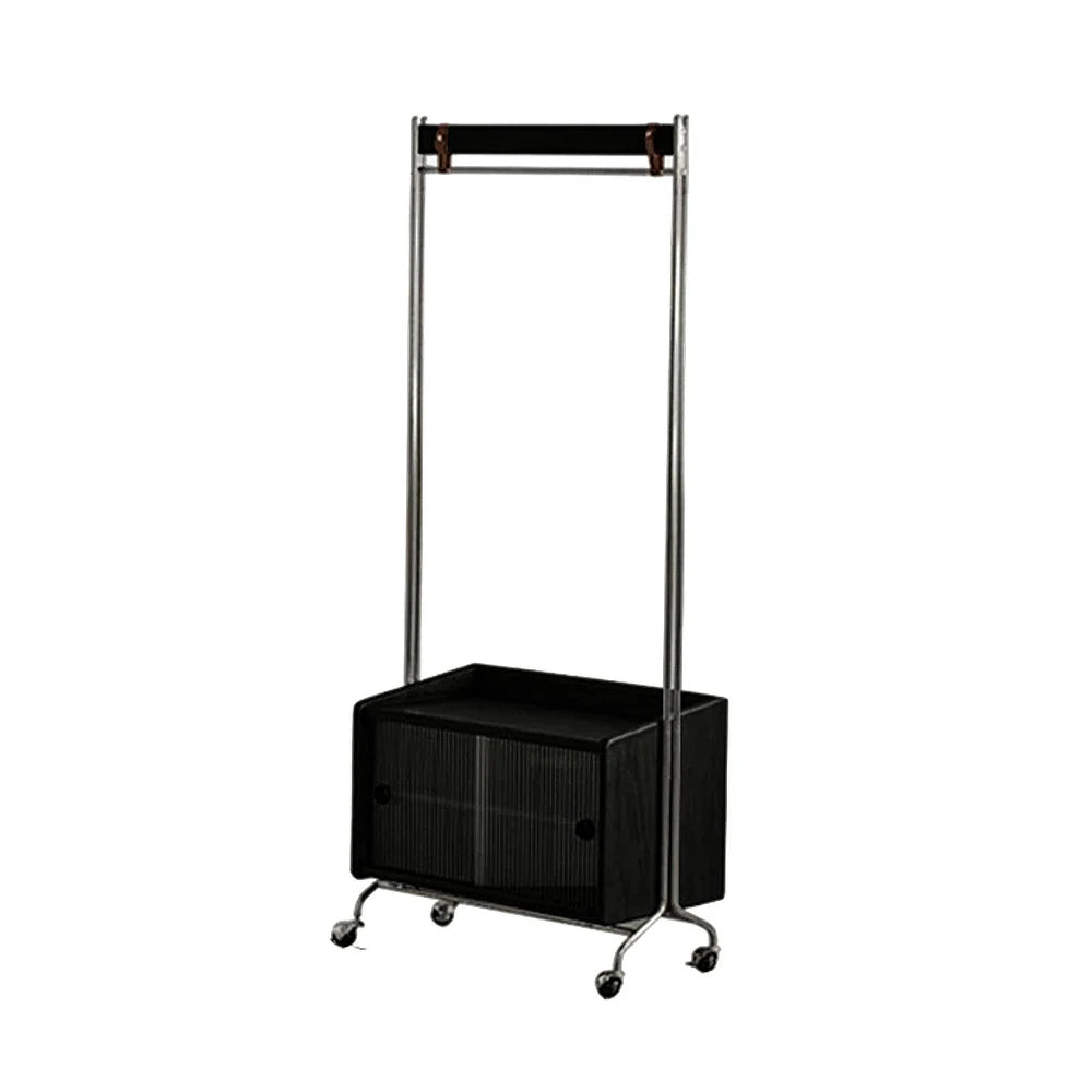 LIVARA 1121 Freestanding Clothes Rack, Multi-Functional Storage & Clothing Stand, Solid Wood & Stainless Steel, Glass Door & Swivel Casters - Black