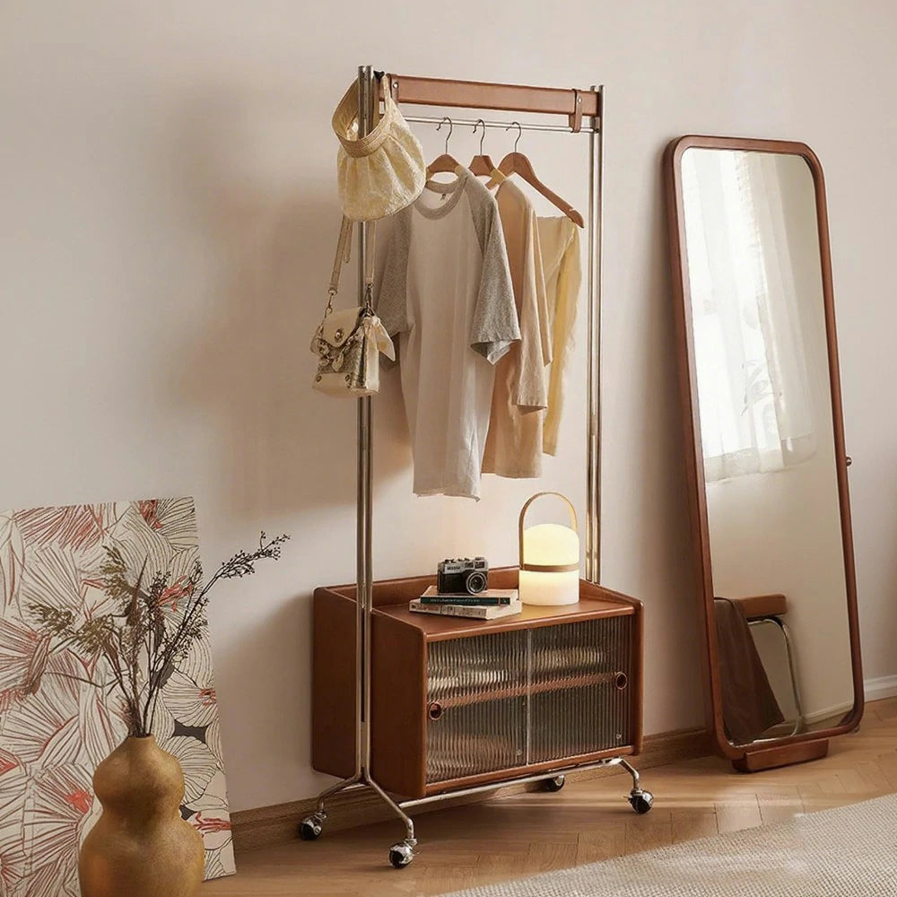 LIVARA 1121 Freestanding Clothes Rack, Multi-Functional Storage & Clothing Stand, Solid Wood & Stainless Steel, Glass Door & Swivel Casters - Wood