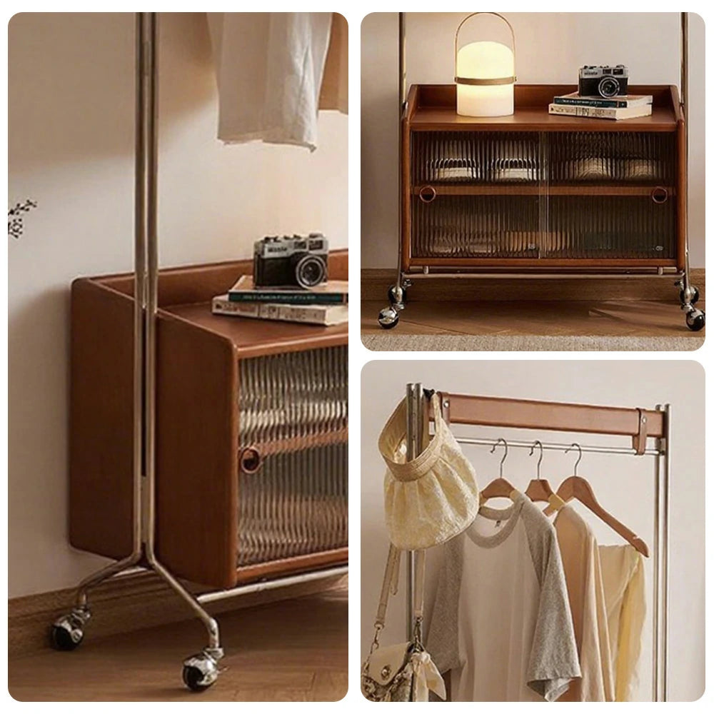 LIVARA 1121 Freestanding Clothes Rack, Multi-Functional Storage & Clothing Stand, Solid Wood & Stainless Steel, Glass Door & Swivel Casters - Wood