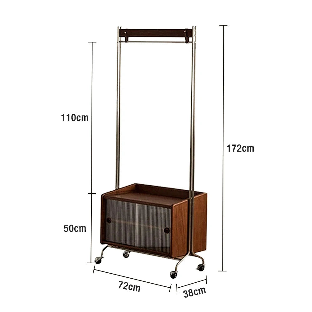 LIVARA 1121 Freestanding Clothes Rack, Multi-Functional Storage & Clothing Stand, Solid Wood & Stainless Steel, Glass Door & Swivel Casters - Wood