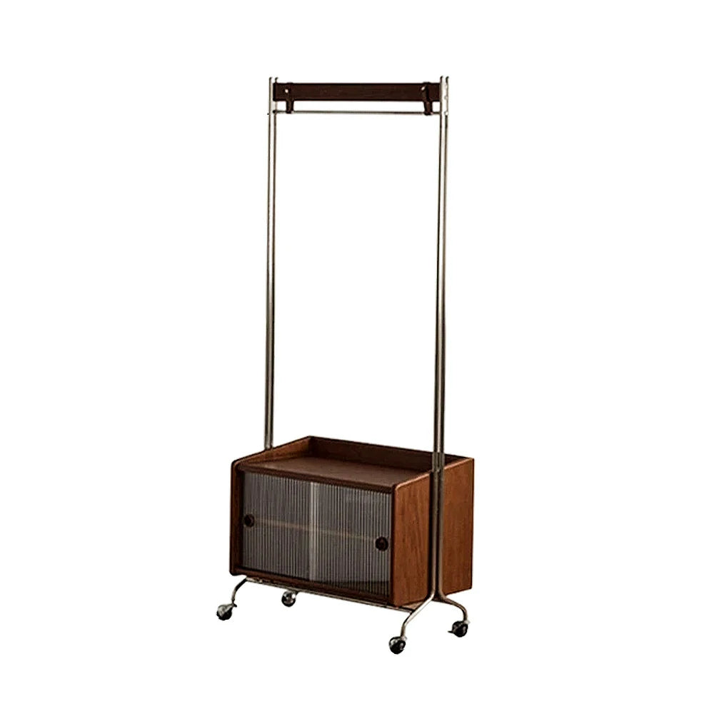 LIVARA 1121 Freestanding Clothes Rack, Multi-Functional Storage & Clothing Stand, Solid Wood & Stainless Steel, Glass Door & Swivel Casters - Wood