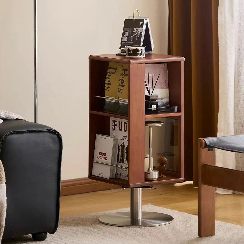 LIVARA 1122 Bedside Cabinet, Rotatable Storage Design, Full Solid Walnut Wood, Stainless Steel Base - Easy Access Storage