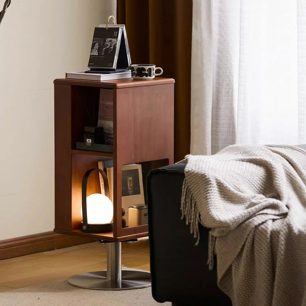 LIVARA 1122 Bedside Cabinet, Rotatable Storage Design, Full Solid Walnut Wood, Stainless Steel Base - Easy Access Storage