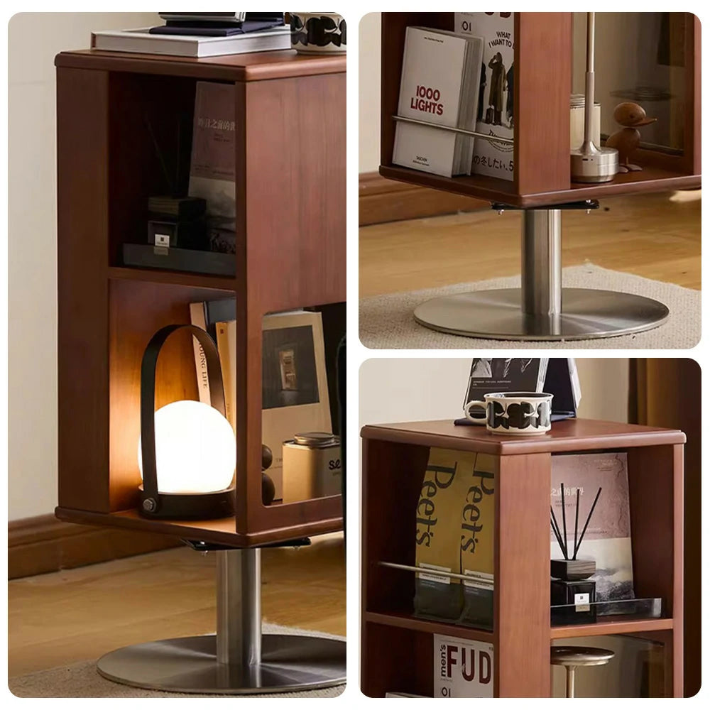 LIVARA 1122 Bedside Cabinet, Rotatable Storage Design, Full Solid Walnut Wood, Stainless Steel Base - Easy Access Storage