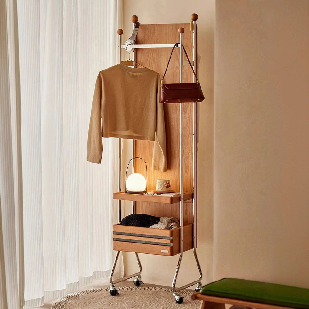 LIVARA 1123 Mobile Bedside Cabinet & Coat Rack – Solid Ash Wood Grain with Stainless Steel, Ample Storage, Swivel Casters - Wood