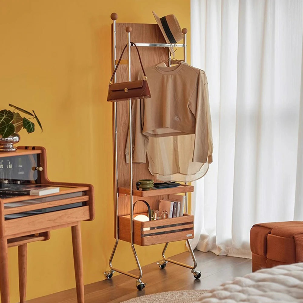 LIVARA 1123 Mobile Bedside Cabinet & Coat Rack – Solid Ash Wood Grain with Stainless Steel, Ample Storage, Swivel Casters - Wood