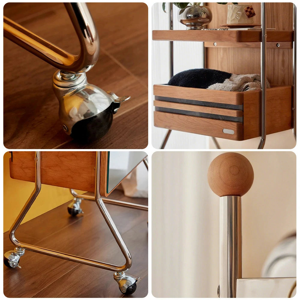 LIVARA 1123 Mobile Bedside Cabinet & Coat Rack – Solid Ash Wood Grain with Stainless Steel, Ample Storage, Swivel Casters - Wood