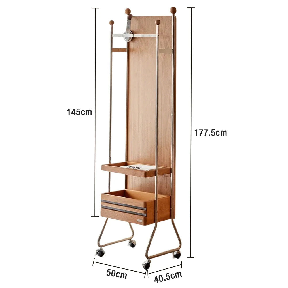LIVARA 1123 Mobile Bedside Cabinet & Coat Rack – Solid Ash Wood Grain with Stainless Steel, Ample Storage, Swivel Casters - Wood