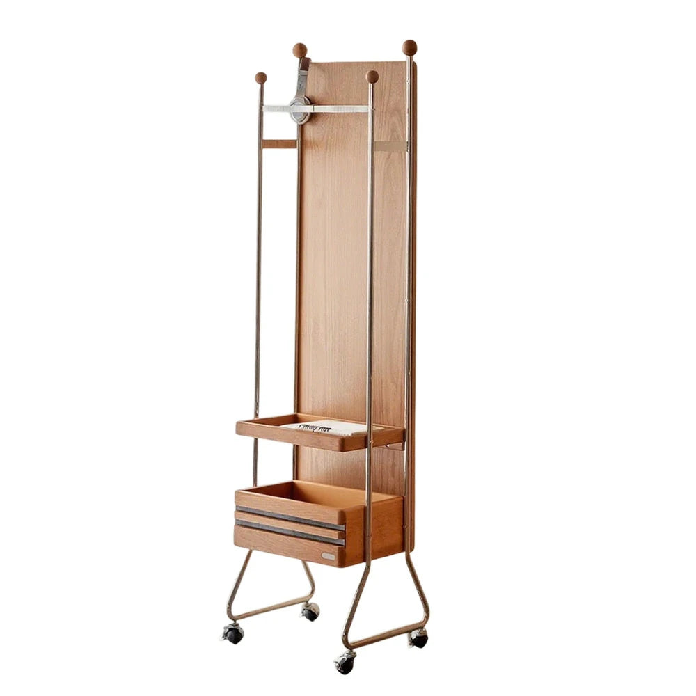 LIVARA 1123 Mobile Bedside Cabinet & Coat Rack – Solid Ash Wood Grain with Stainless Steel, Ample Storage, Swivel Casters - Wood