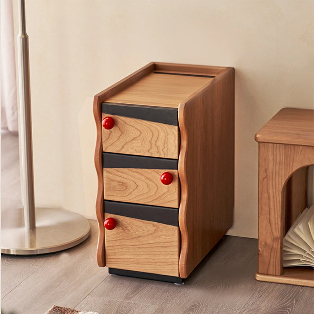 LIVARA 1125 Narrow Bedside Cabinet, Solid Wood Construction, Red Spherical Handles, Open Storage, Tall Stainless Steel Legs - Wood
