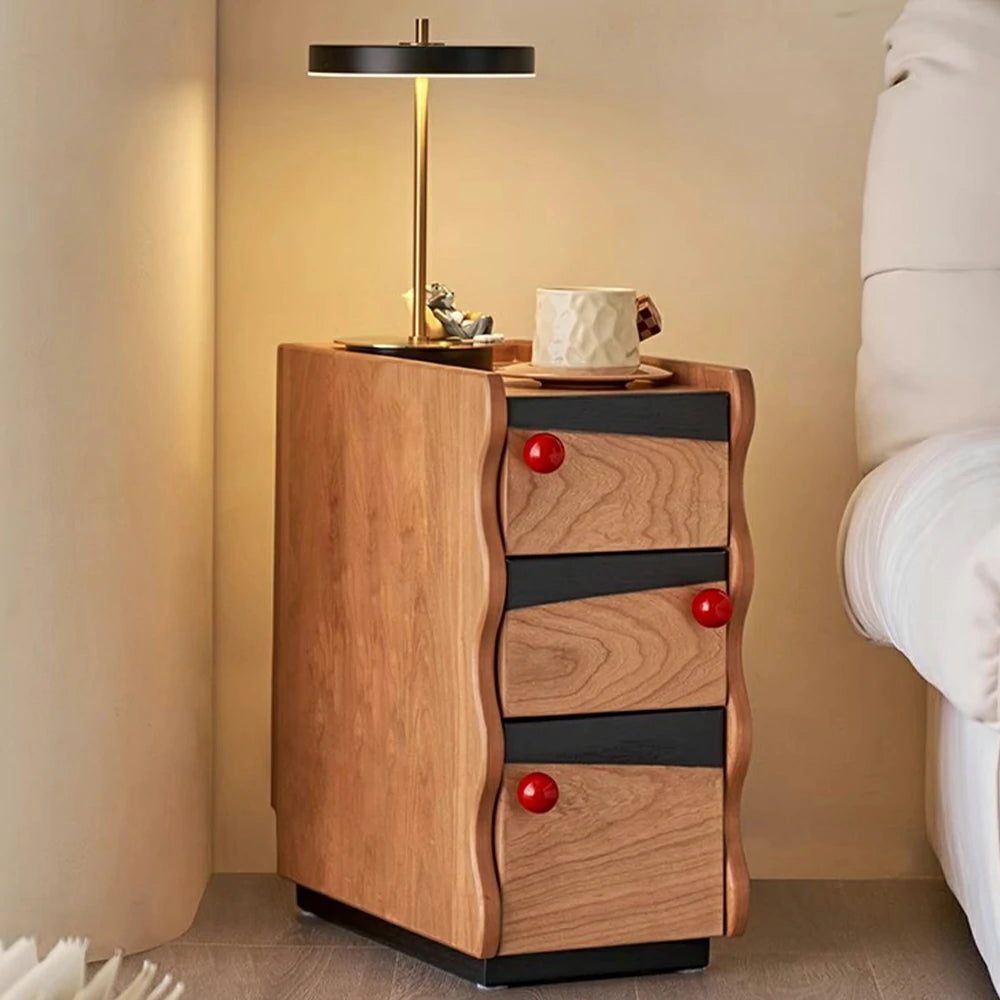 LIVARA 1125 Narrow Bedside Cabinet, Solid Wood Construction, Red Spherical Handles, Open Storage, Tall Stainless Steel Legs - Wood