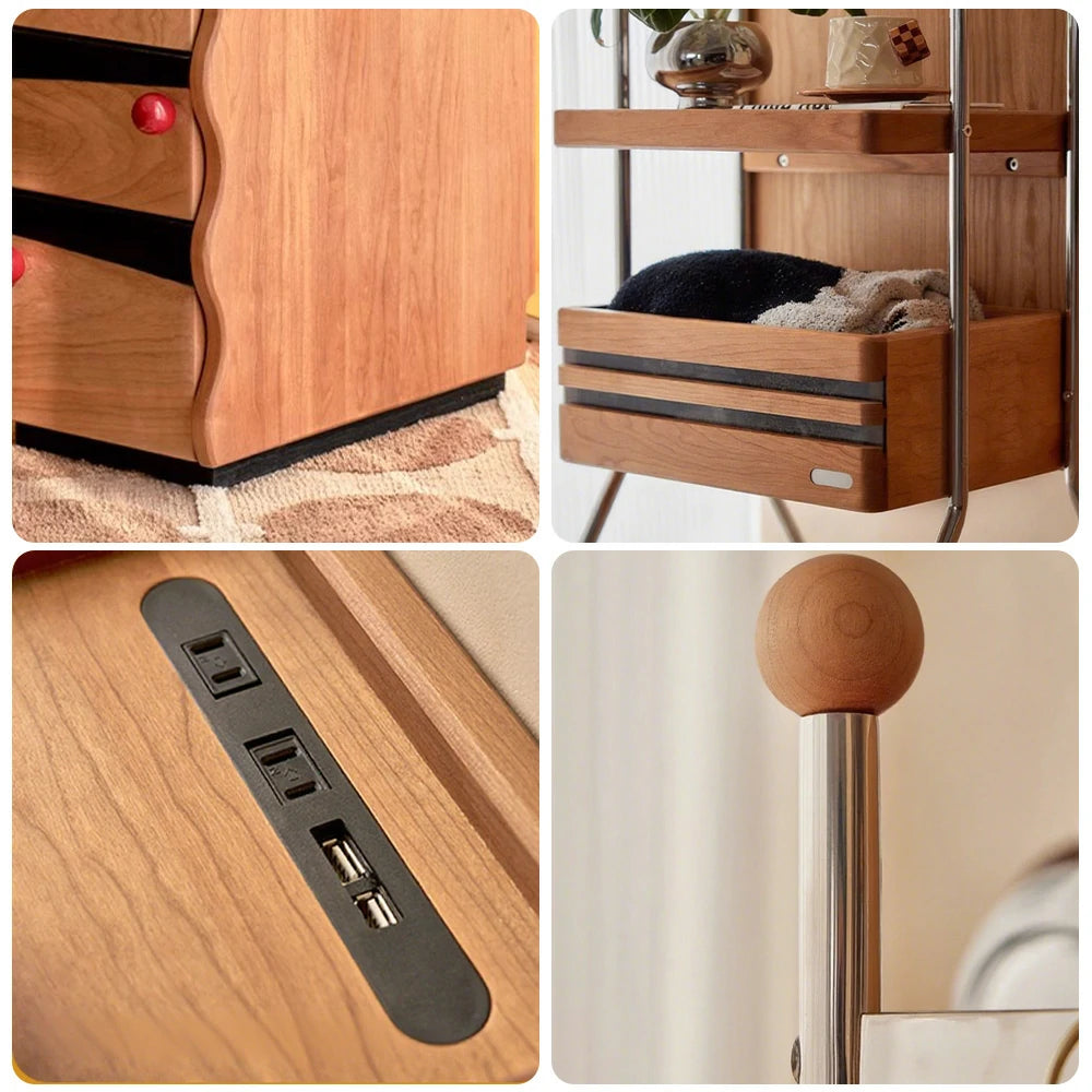 LIVARA 1125 Narrow Bedside Cabinet, Solid Wood Construction, Red Spherical Handles, Open Storage, Tall Stainless Steel Legs - Wood