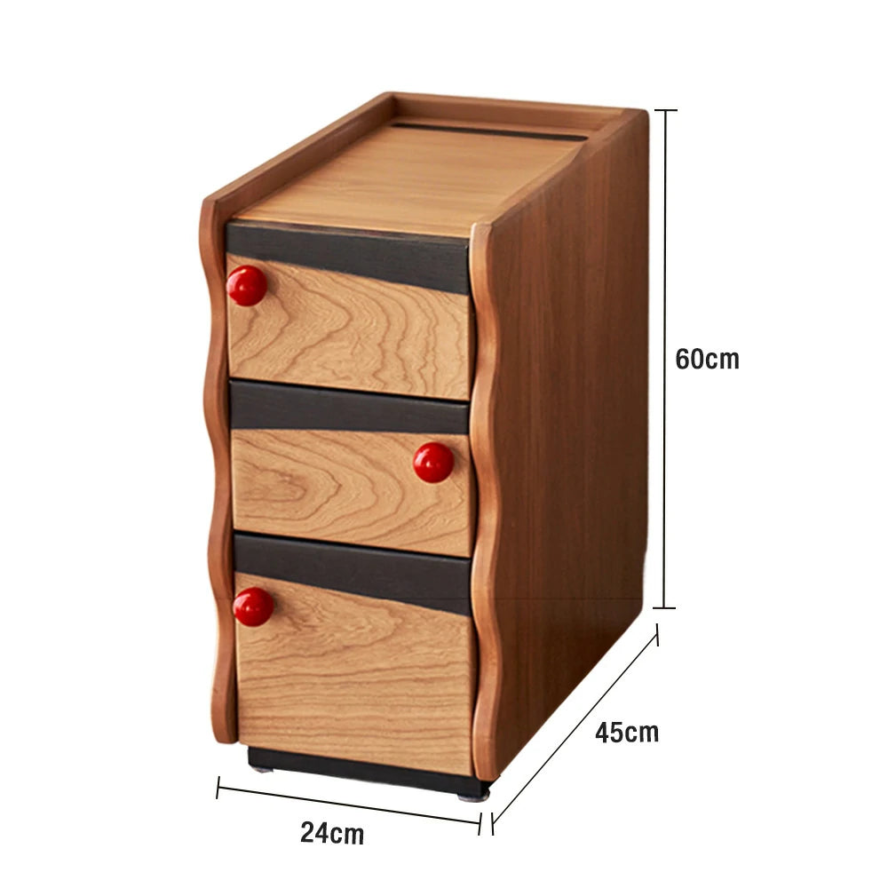 LIVARA 1125 Narrow Bedside Cabinet, Solid Wood Construction, Red Spherical Handles, Open Storage, Tall Stainless Steel Legs - Wood