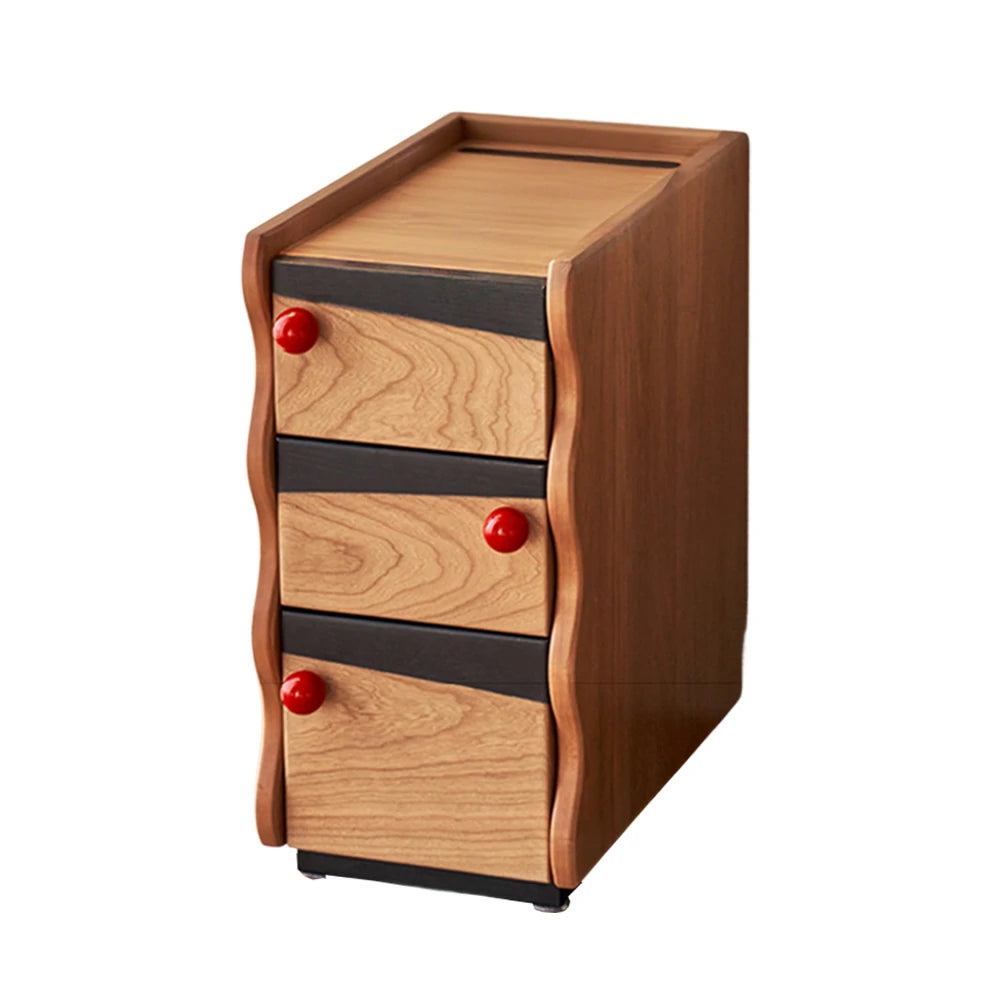 LIVARA 1125 Narrow Bedside Cabinet, Solid Wood Construction, Red Spherical Handles, Open Storage, Tall Stainless Steel Legs - Wood