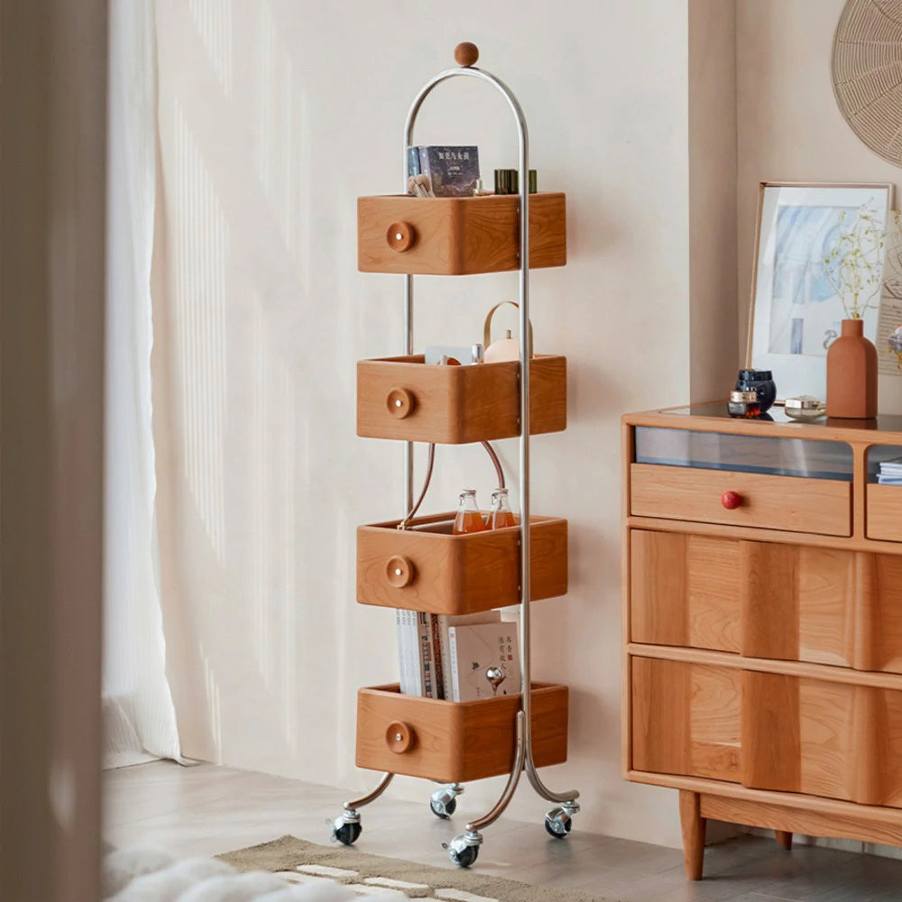 LIVARA 1126 4-Tier Mobile Bookshelf – Multi-Functional Solid Wood & Stainless Steel Frame, Swivel Wheels with Locking Function-Wood