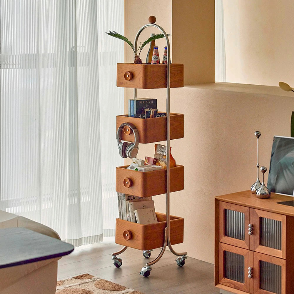 LIVARA 1126 4-Tier Mobile Bookshelf – Multi-Functional Solid Wood & Stainless Steel Frame, Swivel Wheels with Locking Function-Wood