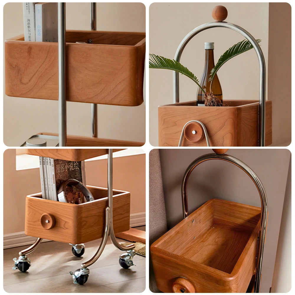 LIVARA 1126 4-Tier Mobile Bookshelf – Multi-Functional Solid Wood & Stainless Steel Frame, Swivel Wheels with Locking Function-Wood