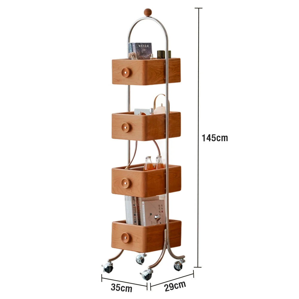 LIVARA 1126 4-Tier Mobile Bookshelf – Multi-Functional Solid Wood & Stainless Steel Frame, Swivel Wheels with Locking Function-Wood