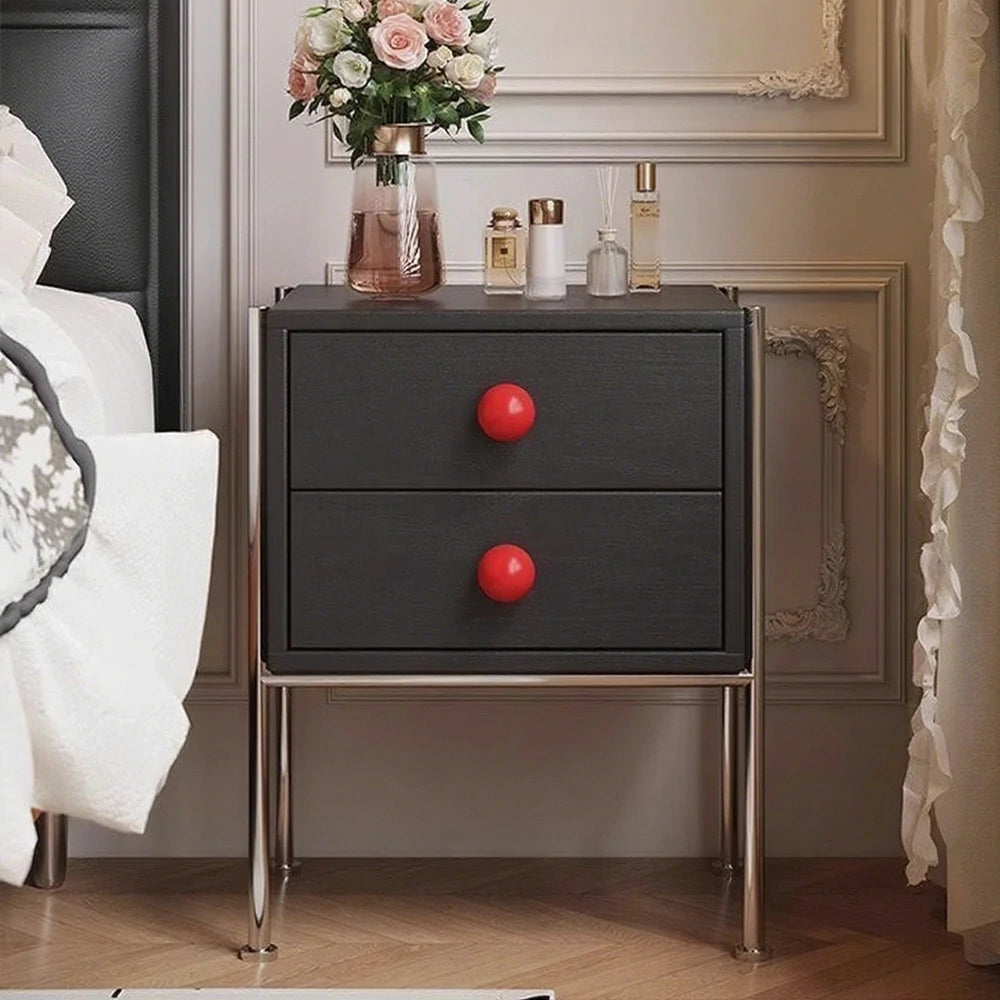 LIVARA 1133 Bedside Cabinet, Open Tabletop, Solid Ash Wood Grain, Spherical Handles, Tall Stainless Steel Legs, 17cm Bottom Clearance - Black