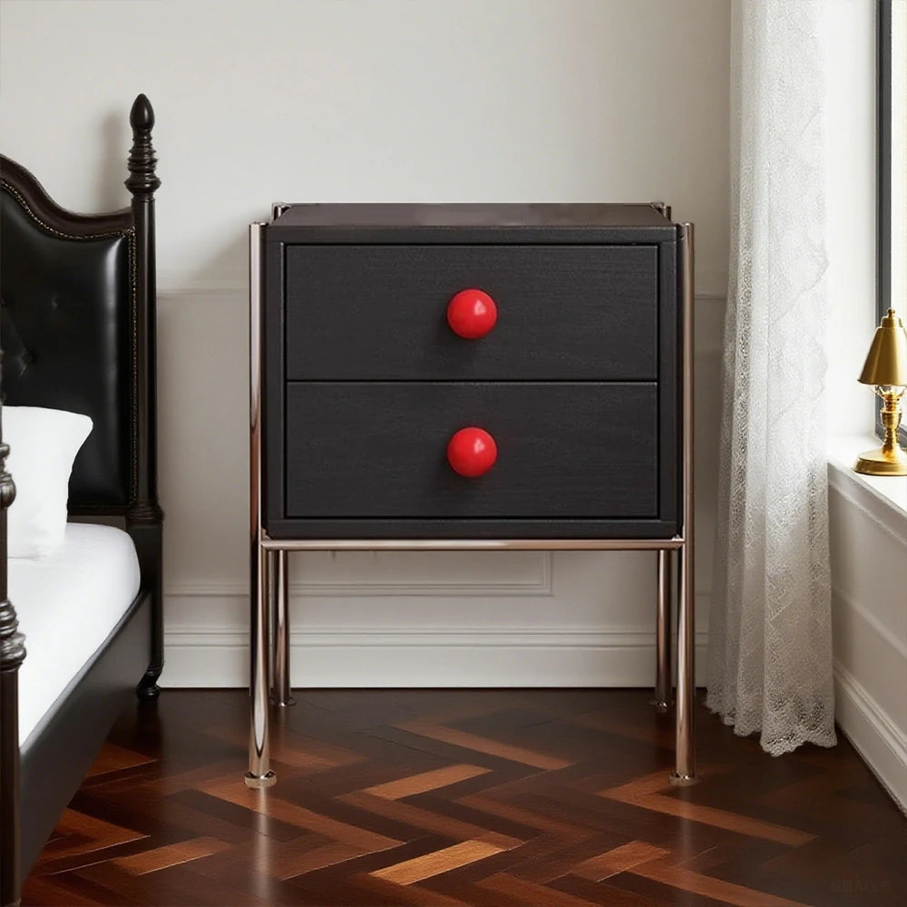 LIVARA 1133 Bedside Cabinet, Open Tabletop, Solid Ash Wood Grain, Spherical Handles, Tall Stainless Steel Legs, 17cm Bottom Clearance - Black