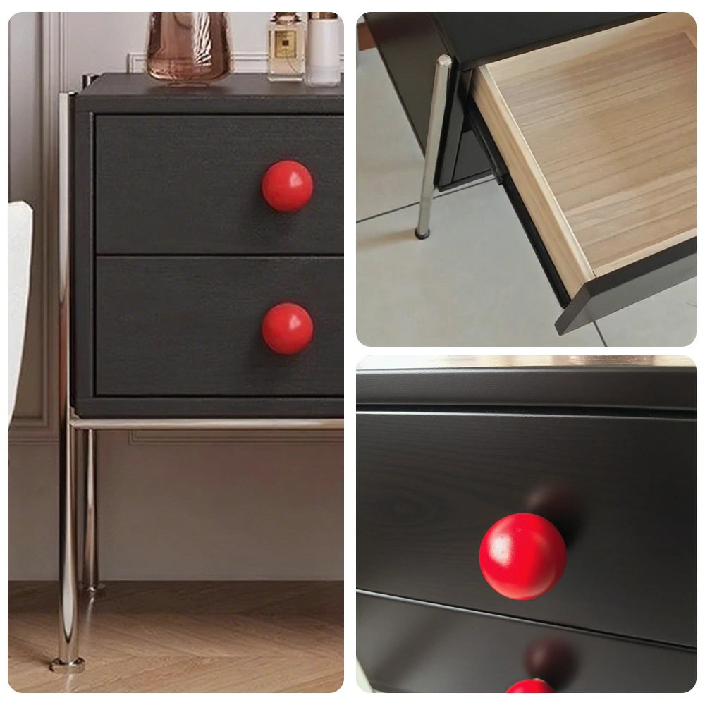 LIVARA 1133 Bedside Cabinet, Open Tabletop, Solid Ash Wood Grain, Spherical Handles, Tall Stainless Steel Legs, 17cm Bottom Clearance - Black