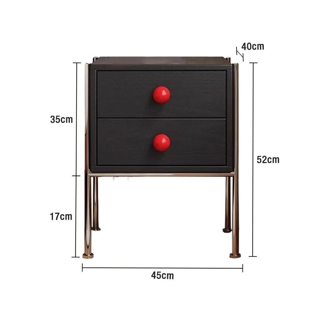 LIVARA 1133 Bedside Cabinet, Open Tabletop, Solid Ash Wood Grain, Spherical Handles, Tall Stainless Steel Legs, 17cm Bottom Clearance - Black