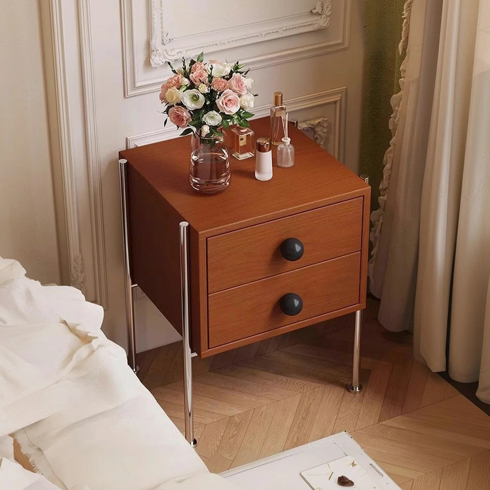 LIVARA 1133 Bedside Cabinet, Open Tabletop, Solid Ash Wood Grain, Spherical Handles, Tall Stainless Steel Legs, 17cm Bottom Clearance - Wood