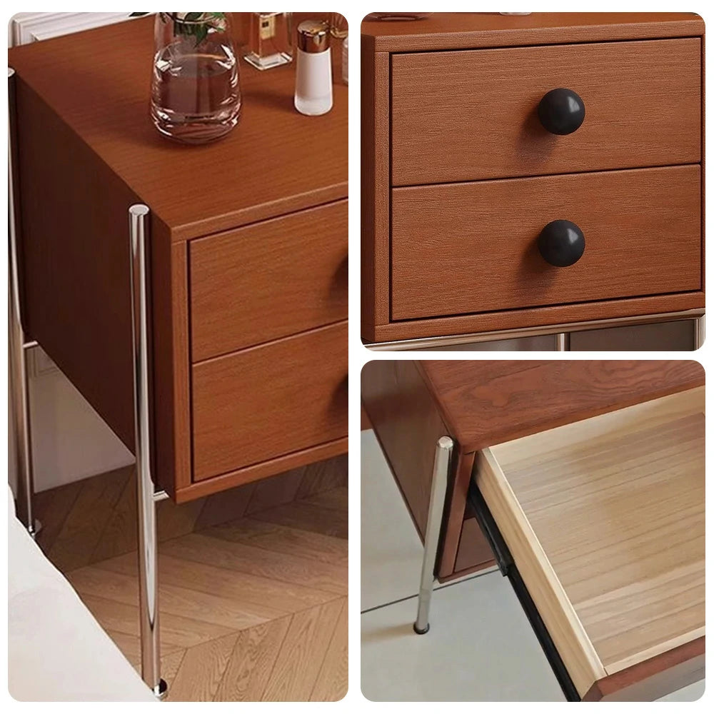 LIVARA 1133 Bedside Cabinet, Open Tabletop, Solid Ash Wood Grain, Spherical Handles, Tall Stainless Steel Legs, 17cm Bottom Clearance - Wood