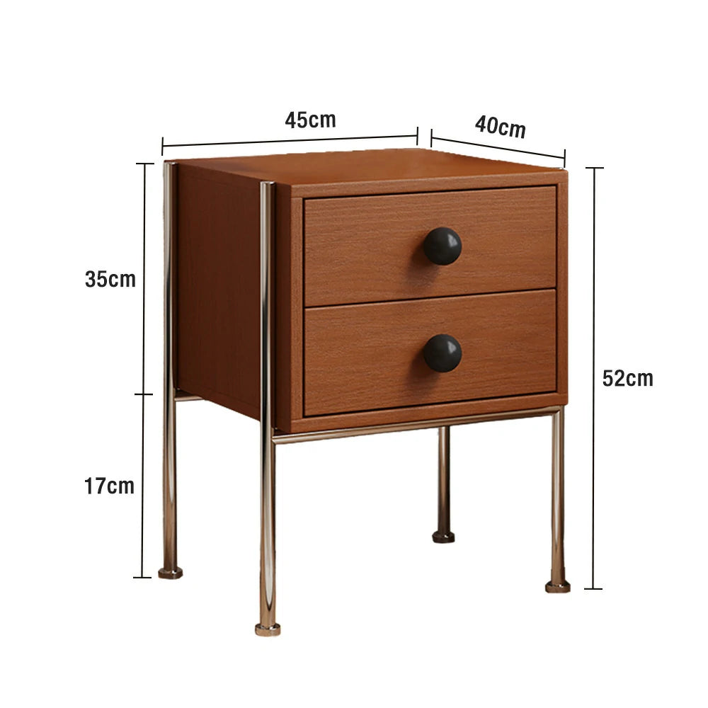 LIVARA 1133 Bedside Cabinet, Open Tabletop, Solid Ash Wood Grain, Spherical Handles, Tall Stainless Steel Legs, 17cm Bottom Clearance - Wood