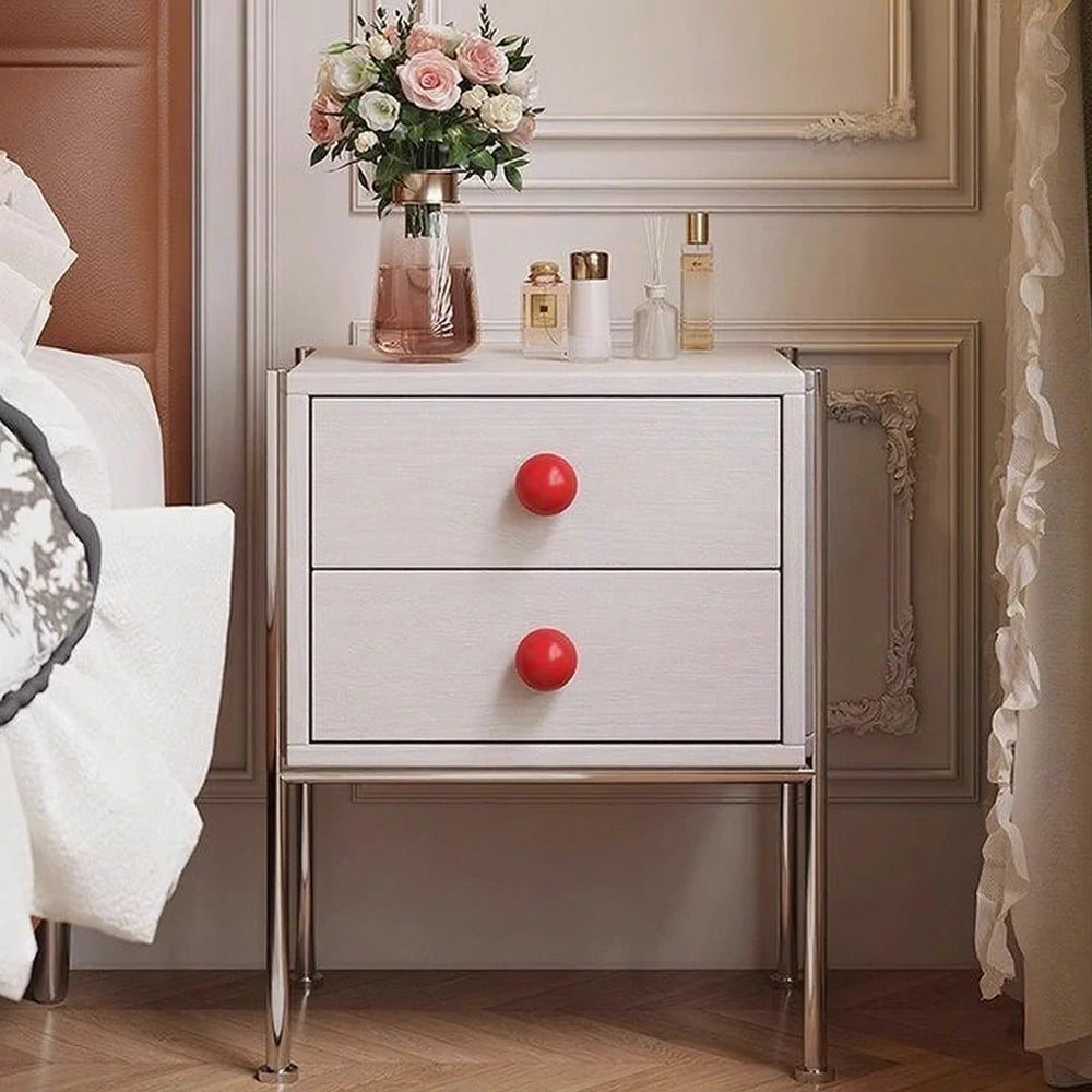 LIVARA 1133 Bedside Cabinet, Open Tabletop, Solid Ash Wood Grain, Spherical Handles, Tall Stainless Steel Legs, 17cm Bottom Clearance - White