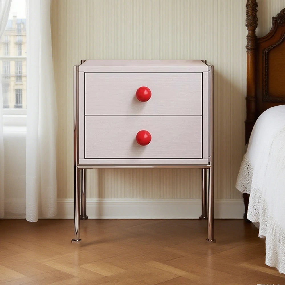 LIVARA 1133 Bedside Cabinet, Open Tabletop, Solid Ash Wood Grain, Spherical Handles, Tall Stainless Steel Legs, 17cm Bottom Clearance - White