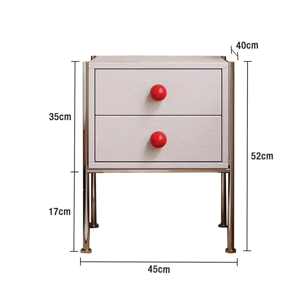 LIVARA 1133 Bedside Cabinet, Open Tabletop, Solid Ash Wood Grain, Spherical Handles, Tall Stainless Steel Legs, 17cm Bottom Clearance - White