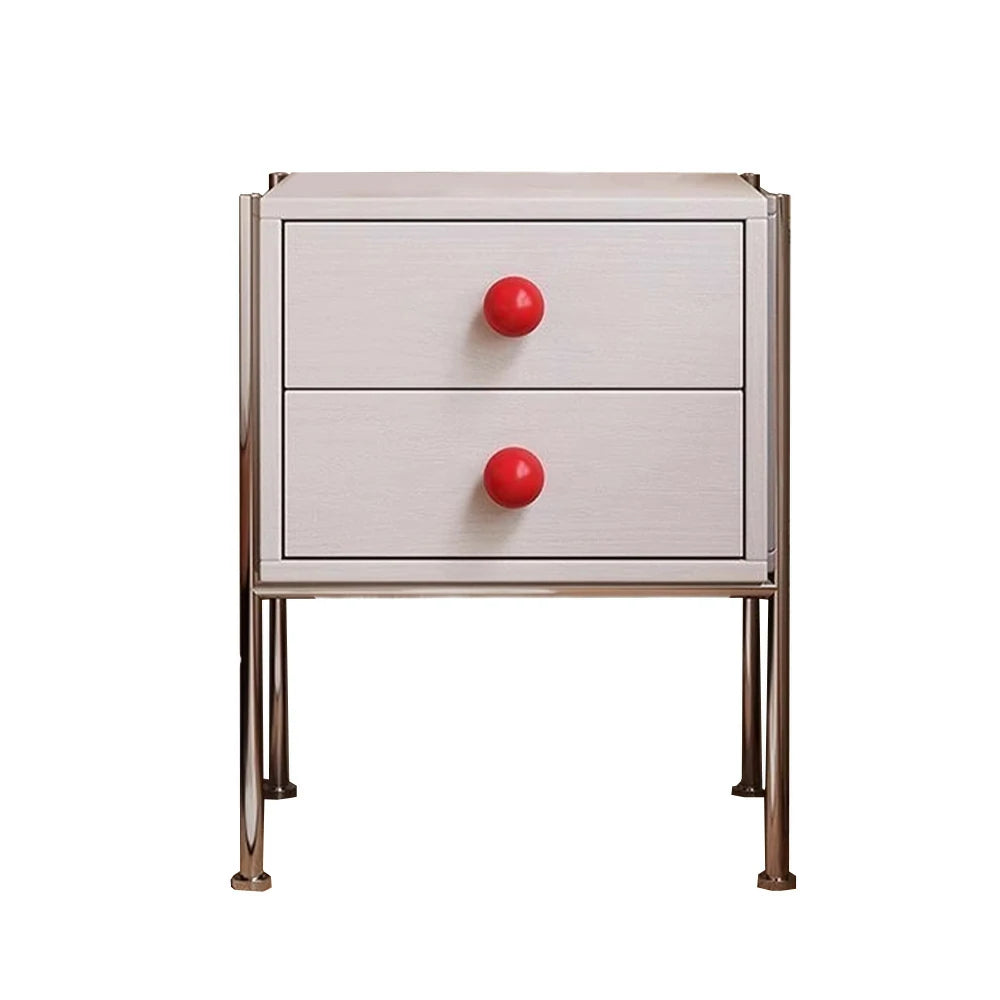 LIVARA 1133 Bedside Cabinet, Open Tabletop, Solid Ash Wood Grain, Spherical Handles, Tall Stainless Steel Legs, 17cm Bottom Clearance - White