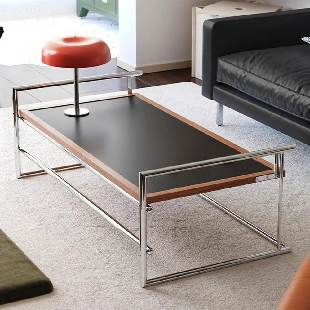 LIVARA 1136 Multi-Functional Sofa Low Table – Reversible Coffee Table/Desk, Vintage Solid Ash Wood Frame with Black Panel, Stainless Steel Legs - Black