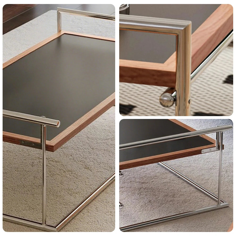 LIVARA 1136 Multi-Functional Sofa Low Table – Reversible Coffee Table/Desk, Vintage Solid Ash Wood Frame with Black Panel, Stainless Steel Legs - Black