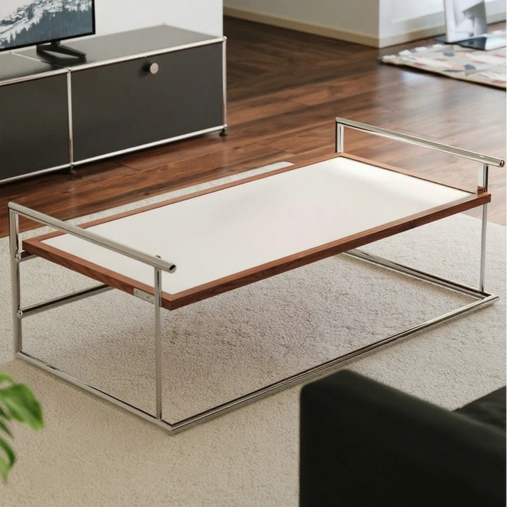 LIVARA 1136 Multi-Functional Sofa Low Table – Reversible Coffee Table/Desk, Vintage Solid Ash Wood Frame with Black Panel, Stainless Steel Legs - White