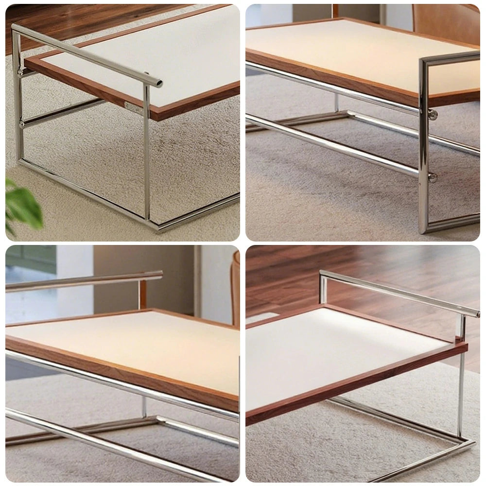 LIVARA 1136 Multi-Functional Sofa Low Table – Reversible Coffee Table/Desk, Vintage Solid Ash Wood Frame with Black Panel, Stainless Steel Legs - White