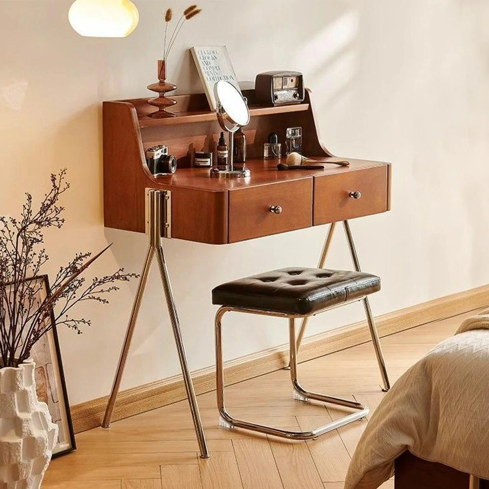 LIVARA 1138 84cm Vintage-Style Vanity Cabinet – Solid Ash Wood Grain, Stainless Steel Legs & Handles, Smooth Drawer Runners