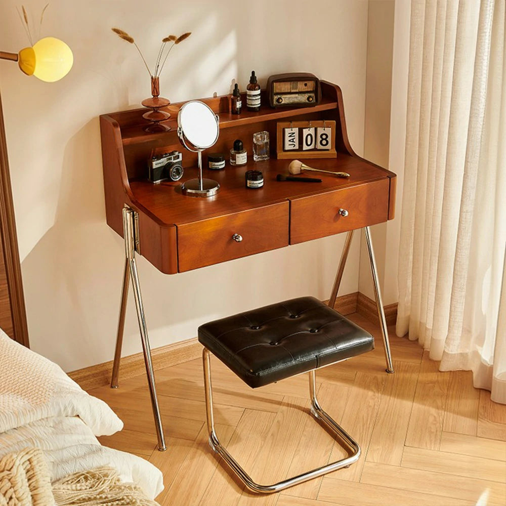 LIVARA 1138 84cm Vintage-Style Vanity Cabinet – Solid Ash Wood Grain, Stainless Steel Legs & Handles, Smooth Drawer Runners