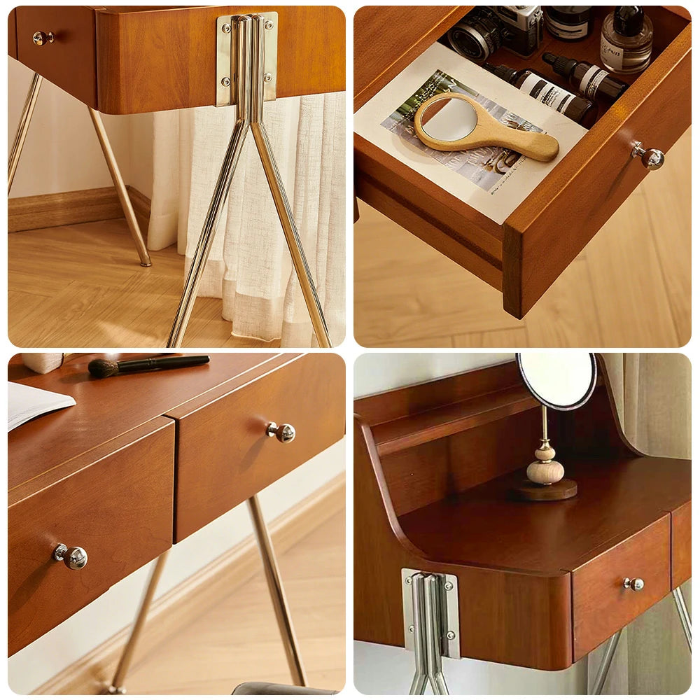 LIVARA 1138 84cm Vintage-Style Vanity Cabinet – Solid Ash Wood Grain, Stainless Steel Legs & Handles, Smooth Drawer Runners